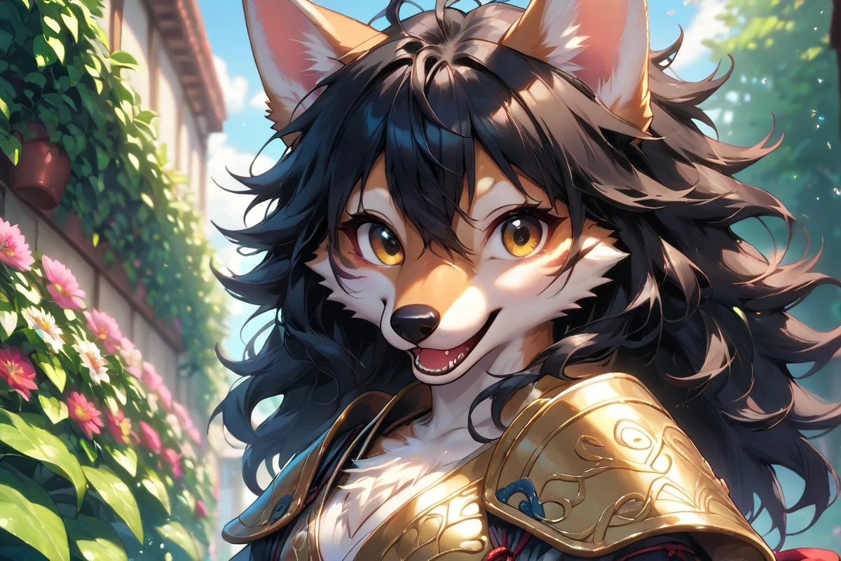 score_9, score_8_up, score_8, score_9, medium angle view, close up shot, detailed face,garden, outside, happy, furry female, samurai armor, black hair, messy hair, hair between eyes, white (chest tuft:1.1), long wolf tail, animal hands, open mouth, looking at viewer, body fur, golden eyes, source_furry,
<lora:Pony_Fantasy_Knights_-_By_HailoKnight:0.8> hkstyle