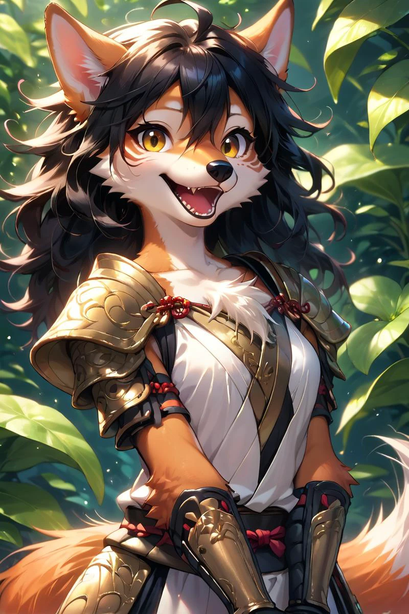score_9, score_8_up, score_8, score_9, medium angle view, close up shot, detailed face,garden, outside, happy, furry female, samurai armor, black hair, messy hair, hair between eyes, white (chest tuft:1.1), long wolf tail, animal hands, open mouth, looking at viewer, body fur, golden eyes, source_furry,
<lora:Pony_Fantasy_Knights_-_By_HailoKnight:0.8> hkstyle