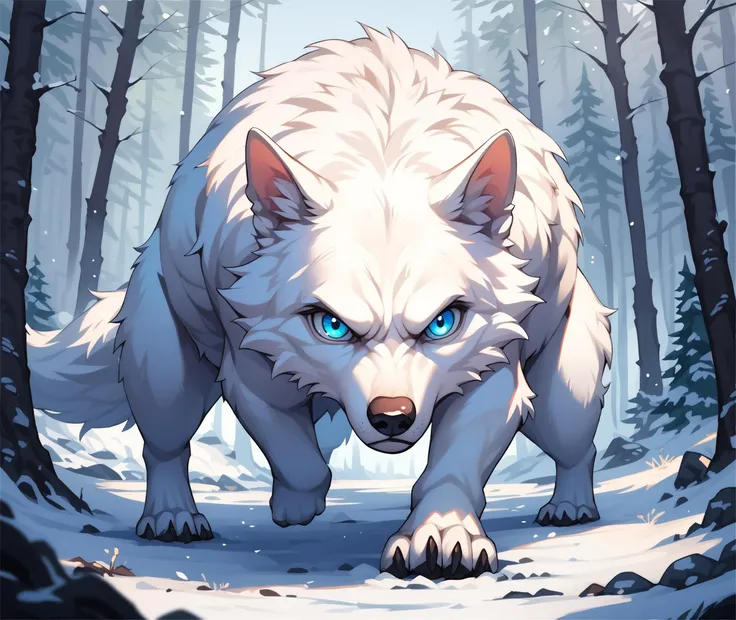 score_9, score_8_up, score_8, score_9, wolf, aquamarine eyes, serious expression, combat stance, white fur, stoic expression, arctic forest background, epic atmosphere, winter scenery