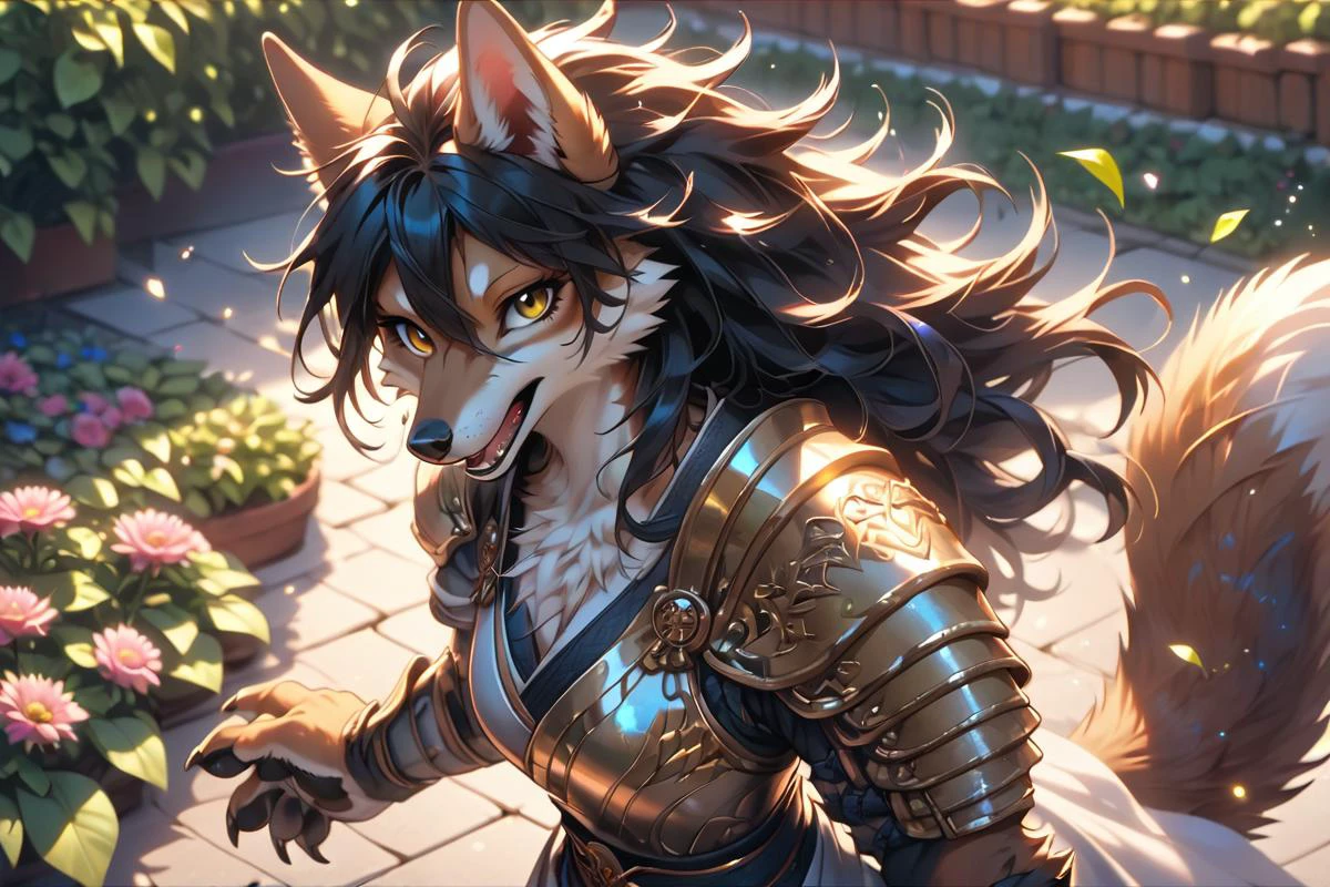 score_9, score_8_up, score_8, score_9, medium angle view, detailed face,garden, outside, happy, furry female, samurai armor, black hair, messy hair, hair between eyes, white (chest tuft:1.1), long wolf tail, animal hands, open mouth, looking at viewer, body fur, golden eyes, source_furry,
<lora:Pony_Fantasy_Knights_-_By_HailoKnight:0.8> hkstyle
