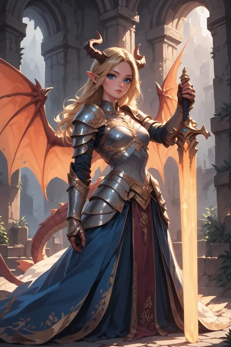 score_9, score_8_up, score_7_up, solo, (1girl:1.4), woman, wearing armored dress, blonde, dragongirl, horns, wings, looking at viewer, beautiful, colorful, (holding glowing sword), blue eyes, dungeon ruins in background, realistic,
<lora:V2_Pony_Fantasy_Knights_-_By_HailoKnight:0.6> hkstyle