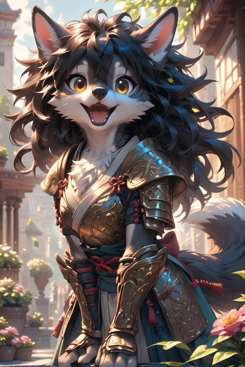 score_9, score_8_up, score_8, score_9, medium angle view, close up shot, detailed face,garden, outside, happy, furry female, samurai armor, black hair, messy hair, hair between eyes, white (chest tuft:1.1), long wolf tail, animal hands, open mouth, looking at viewer, body fur, golden eyes, source_furry,
<lora:Pony_Fantasy_Knights_-_By_HailoKnight:0.8> hkstyle