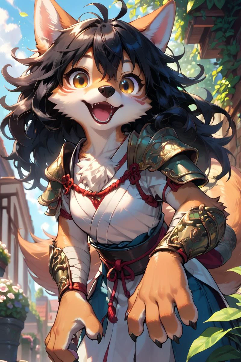score_9, score_8_up, score_8, score_9, medium angle view, close up shot, detailed face,garden, outside, happy, furry female, samurai armor, black hair, messy hair, hair between eyes, white (chest tuft:1.1), long wolf tail, animal hands, open mouth, looking at viewer, body fur, golden eyes, source_furry,
<lora:Pony_Fantasy_Knights_-_By_HailoKnight:0.8> hkstyle