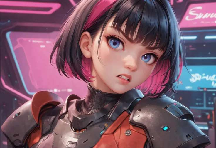 score_9, score_8_up, score_7_up, score_6, score_5_up, detailed, highly detailed BREAK
1woman, worn-out warrior wearing rugged metal armor, blue eyes, detailed eyes, dark violet&black hair, multicolored hair, short bob, futuristic, base interior, sci-fi, tsundere princess