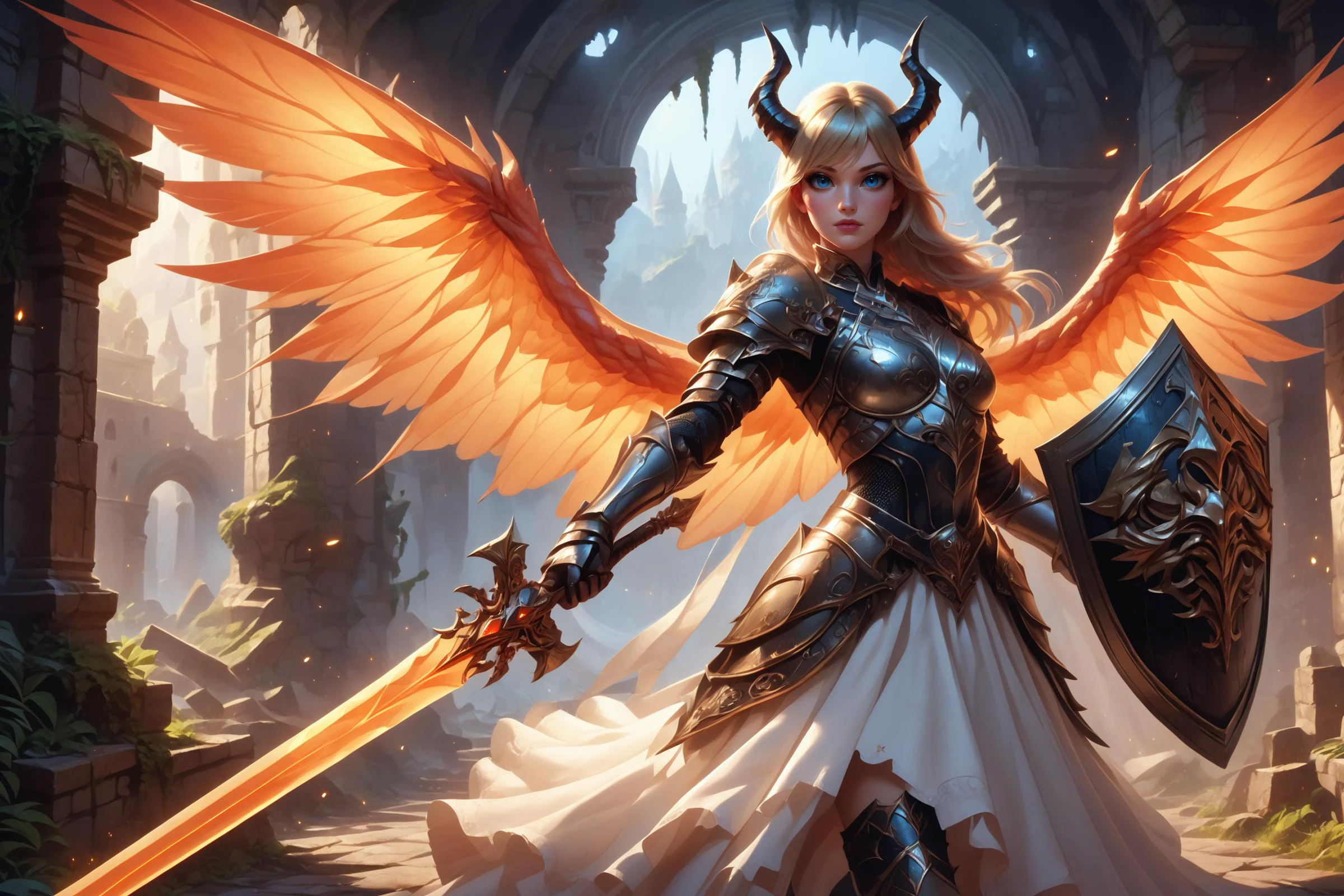 score_9, score_8_up, score_7_up, solo, (1girl:1.4), woman, wearing armored dress, blonde, dragongirl, horns, wings, looking at viewer, beautiful, colorful, holding sword and shield, blue eyes, dungeon ruins in background, realistic,
<lora:Pony_Weapon_Sword__Shield_-_By_HailoKnight:0.8>