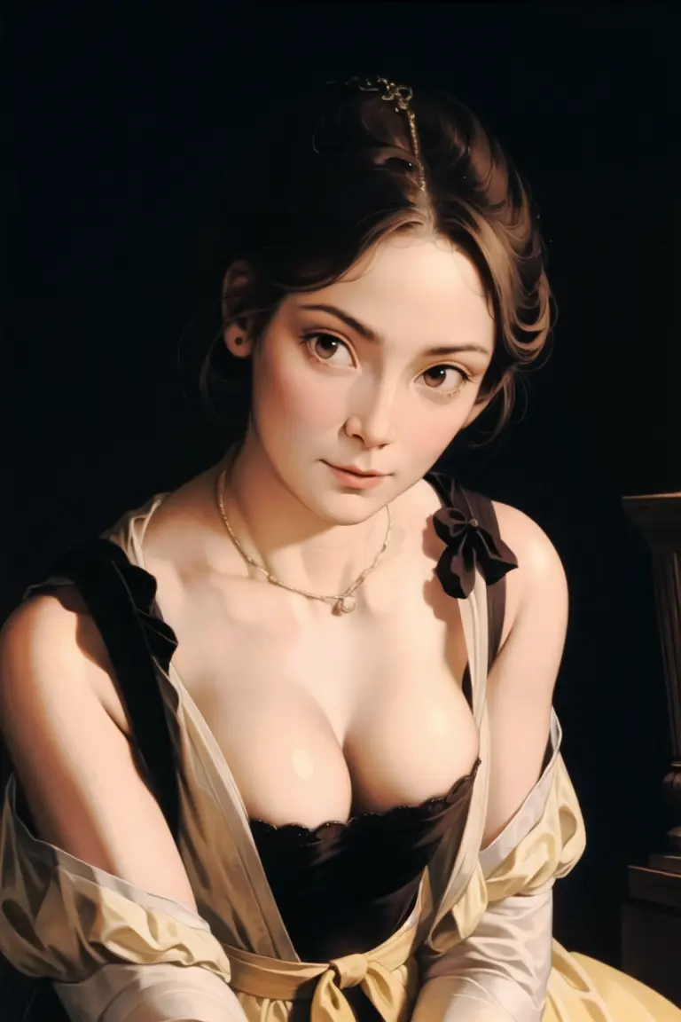 woman posing, indoors,black background, light brown hair, cleavage,yellow_dress <lora:ruebens:0.8>