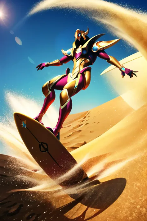 Highly detailed, High Quality, Masterpiece, beautiful, solo, Azir1, <lora:Char_LoL_Azir:0.9>, surfing, waves, <lora:Pos_Surfing:0.8>, desert, sand waves, sand, dust, particles, surfboard, full body,