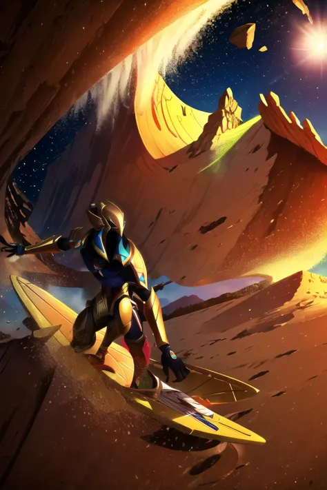 Highly detailed, High Quality, Masterpiece, beautiful, solo, Azir1, <lora:Char_LoL_Azir:1>, surfing, waves, <lora:Pos_Surfing:0.6>, desert, sand waves, sand, dust, particles, surfboard
