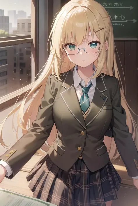 yuakusunoki, <lora:yuakusunokitest:1>,
yua kusunoki, long hair, blonde hair, hair ornament, (green eyes:1.5), glasses, hairclip,
BREAK skirt, school uniform, jacket, necktie, plaid, plaid skirt, long skirt, blazer, (brown blazer:1.3), (brown jacket:1.3), (blue skirt:1.2),
BREAK looking at viewer,
BREAK indoors, classroom,
BREAK <lora:GoodHands-vanilla:1>, (masterpiece:1.2), best quality, high resolution, unity 8k wallpaper, (illustration:0.8), (beautiful detailed eyes:1.6), extremely detailed face, perfect lighting, extremely detailed CG, (perfect hands, perfect anatomy),