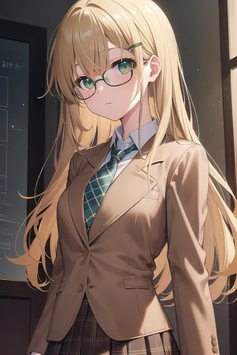 yuakusunoki, <lora:yuakusunokitest:1>,
yua kusunoki, long hair, blonde hair, hair ornament, (green eyes:1.5), glasses, hairclip,
BREAK skirt, school uniform, jacket, necktie, plaid, plaid skirt, long skirt, blazer, (brown blazer:1.5), (brown jacket:1.5), (blue skirt:1.2),
BREAK looking at viewer,
BREAK indoors, classroom,
BREAK <lora:GoodHands-vanilla:1>, (masterpiece:1.2), best quality, high resolution, unity 8k wallpaper, (illustration:0.8), (beautiful detailed eyes:1.6), extremely detailed face, perfect lighting, extremely detailed CG, (perfect hands, perfect anatomy),