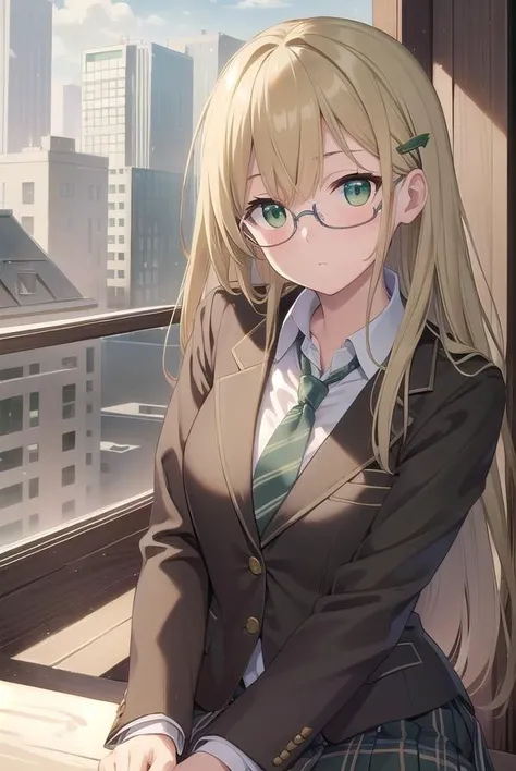 yuakusunoki, <lora:yuakusunokitest:1>,
yua kusunoki, long hair, blonde hair, hair ornament, (green eyes:1.5), glasses, hairclip,
BREAK skirt, school uniform, jacket, necktie, plaid, plaid skirt, long skirt, blazer, (brown blazer:1.3), (brown jacket:1.3), (blue skirt:1.2),
BREAK looking at viewer,
BREAK indoors, classroom,
BREAK <lora:GoodHands-vanilla:1>, (masterpiece:1.2), best quality, high resolution, unity 8k wallpaper, (illustration:0.8), (beautiful detailed eyes:1.6), extremely detailed face, perfect lighting, extremely detailed CG, (perfect hands, perfect anatomy),