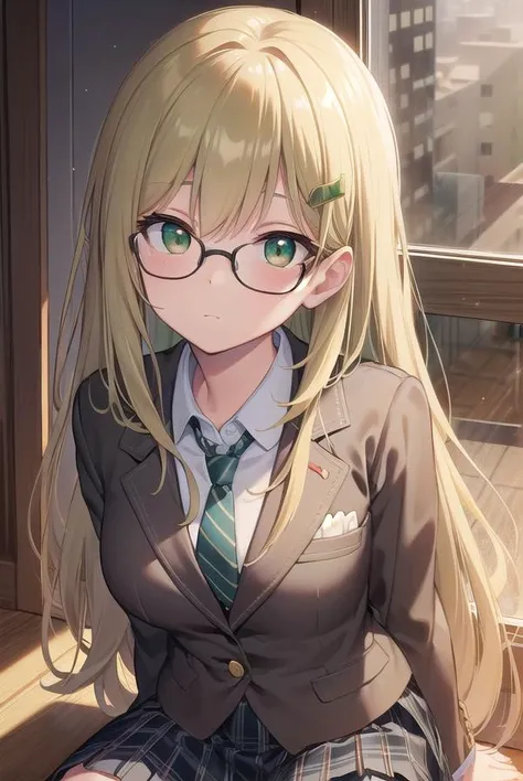 yuakusunoki, <lora:yuakusunokitest:1>,
yua kusunoki, long hair, blonde hair, hair ornament, (green eyes:1.5), glasses, hairclip,
BREAK skirt, school uniform, jacket, necktie, plaid, plaid skirt, long skirt, blazer, (brown blazer:1.3), (brown jacket:1.3), (blue skirt:1.2),
BREAK looking at viewer,
BREAK indoors, classroom,
BREAK <lora:GoodHands-vanilla:1>, (masterpiece:1.2), best quality, high resolution, unity 8k wallpaper, (illustration:0.8), (beautiful detailed eyes:1.6), extremely detailed face, perfect lighting, extremely detailed CG, (perfect hands, perfect anatomy),
