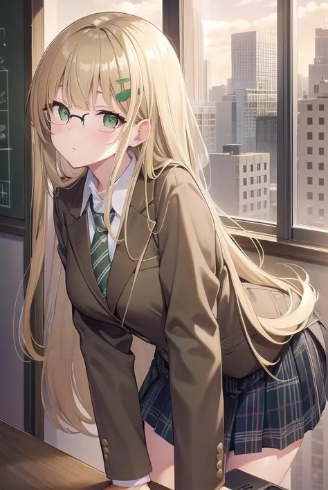 yuakusunoki, <lora:yuakusunokitest:1>,
yua kusunoki, long hair, blonde hair, hair ornament, (green eyes:1.5), glasses, hairclip,
BREAK skirt, school uniform, jacket, necktie, plaid, plaid skirt, long skirt, blazer, (brown blazer:1.3), (brown jacket:1.3), (blue skirt:1.2),
BREAK looking at viewer,
BREAK indoors, classroom,
BREAK <lora:GoodHands-vanilla:1>, (masterpiece:1.2), best quality, high resolution, unity 8k wallpaper, (illustration:0.8), (beautiful detailed eyes:1.6), extremely detailed face, perfect lighting, extremely detailed CG, (perfect hands, perfect anatomy),