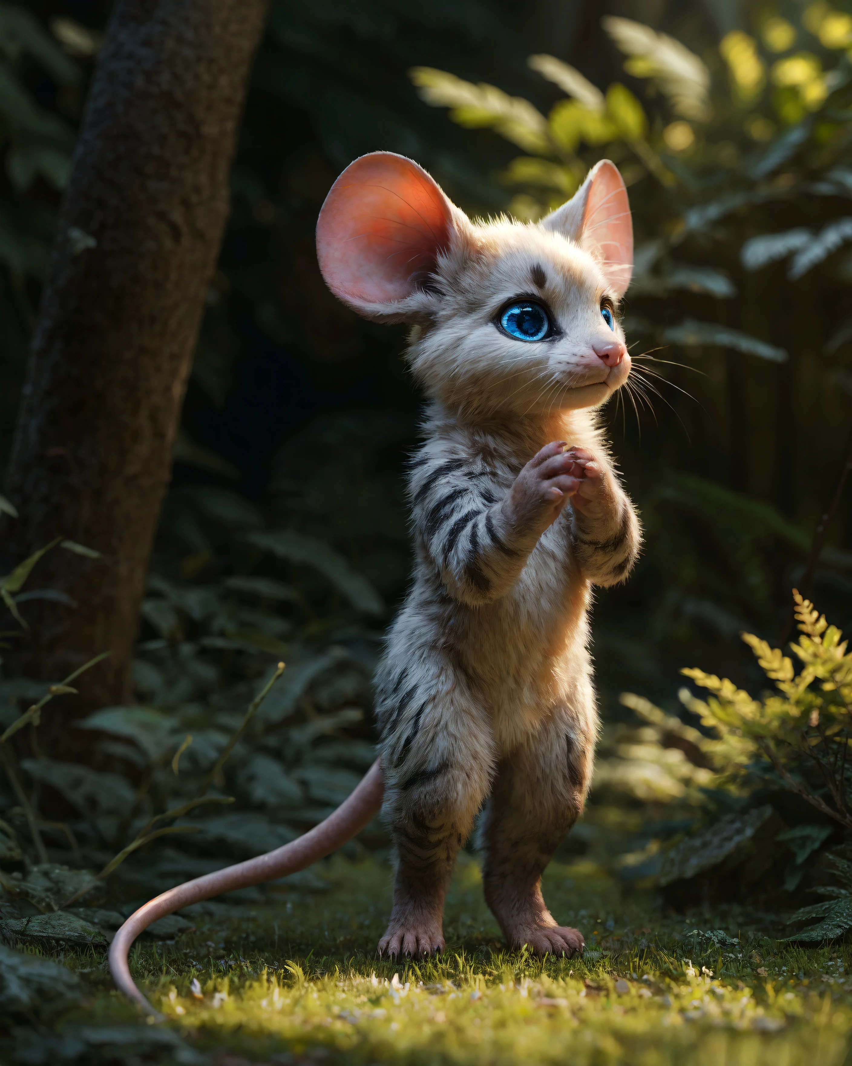 in the style of alsares,
male anthro cute mouse with detailed fur standing in forest with dense vegetation, tall grass, demon hybrid, chibi, adorable,
tail, detailed blue eyes, hands_on_body,
detailed_background, (photorealism:0.6), detailed fur, subsurface scattering, real life, depth of field,