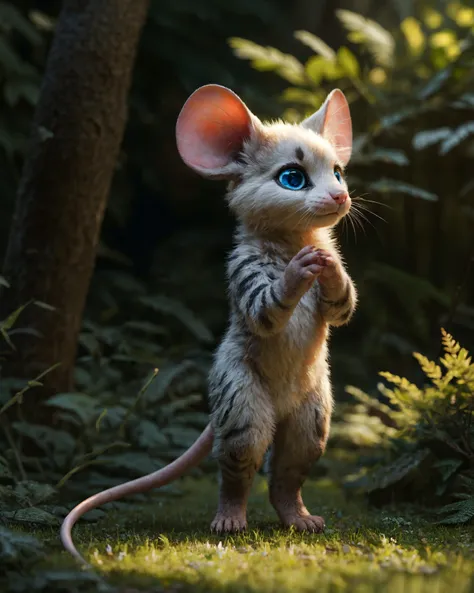 in the style of alsares,

male anthro cute mouse with detailed fur standing in forest with dense vegetation, tall grass, demon hybrid, chibi, adorable,

tail, detailed blue eyes, hands_on_body,

detailed_background, (photorealism:0.6), detailed fur, subsurface scattering, real life, depth of field, 