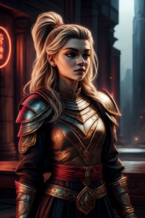 ((art by Brian Stelfreeze )) EmmaWortelboer_V1 as ((small breasts, young girl , slender body, )) "Melvina Magnolithian": She is an elite medieval knight, belonging to Warhammer Fantasy. This warrior, born from Norsa human, possesses a mighty hammer with the signature of her ancestral name. Melvina has pale white skin and a thick black plait that covers most of her scalp. Her eyes are deep green with darker shades around them, making them look sleep-struck. She wears a full armor covering her arms and legs, symbolizing her dedication to serving as a shield for the state's security. , she wear velvet blazer, white shirt, and black dress pants , she Turning her head slightly, eyes gazing through lowered lashes, she radiates a smoldering intensity and she is Confused - Raised eyebrows and a tilted head. , perfect body proportions, realistic skin details BREAK, ultrasharp, ultradetailed, perfect quality, masterpiece, intricated details, ultra clear, <lora:add_detail:0.7>, <hypernet:sxzBloom_sxzBloom:0.3>, detailed skin perfectly detailed face, sharp face, ancient temple in background
<lora:redneon-style-richy-v1:0.68> red neon lights