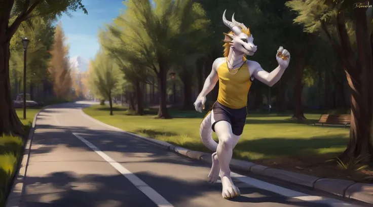 ((dragon)),
(solo:1.1),
looking at viewer,
male,
(adult),
two horns,
tail,
anthro,
smile,
teeth showing,
park,
jogging,
walking on path
summer,
trees,
grass,
bench,
bin,
sports wear,
(detailed) background,
white scales,
white body,
golden horns,
golden claws,
golden fangs,
8k resolution, high detail, detailed drawing,
inspired by chunie,
inspired by thesecretcave,
inspired by drakaar,
inspired by xubuntu,
inspired by personalami,
inspired by franubis