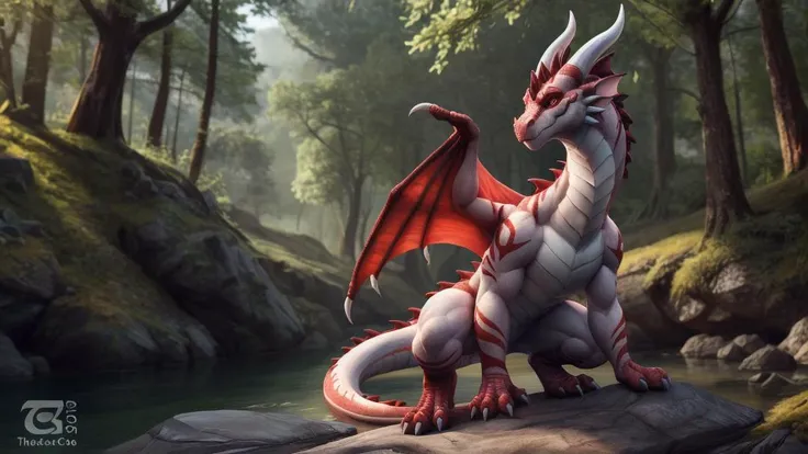 ((tiesci)) character,
furry,
white body,
red markings,
detailed eyes,
dragon like,
looking at viewer,
real proportions,
full body,
solo,
forest,
by thesecretcave,
by drakaar
high res, 8k resolution, high detail, photograph