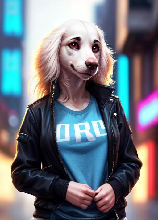 (by pixelsketcher:0.6), (by personalami :0.6), solo, female, cyberpunk, borzoi, canine, detailed background, (cinematic lighting:1.1), (perfect focus:1.1),
8k hd, photo, (detailed eyes:1.2),depth of field, bokeh, subsurface scattering, perfect breasts, jacket, wide angle,( top, shirt, :1.3), bright colors, (furry detail:1.3),white fur