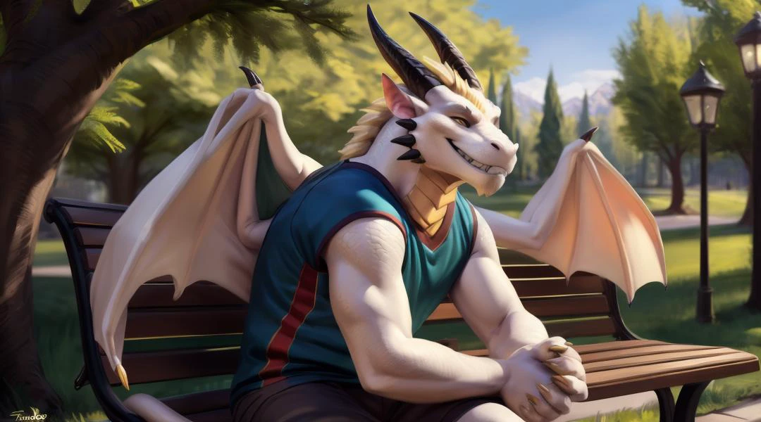 ((dragon)),
(solo:1.1),
wings,
looking at viewer,
male,
(adult),
two horns,
tail,
anthro,
smile,
teeth showing,
park,
park bench,
(sitting on bench:1.1),
summer,
trees,
grass,
park lamps,
sports wear,
(detailed) background,
white scales,
white body,
golden horns,
golden claws,
golden fangs,
8k resolution, high detail, detailed drawing,
inspired by chunie,
inspired by thesecretcave,
inspired by drakaar,
inspired by xubuntu,
inspired by personalami,
inspired by franubis