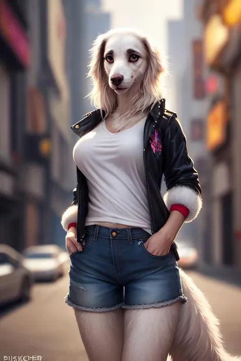 by pixelsketcher:0.6), (by personalami :0.6), solo, female, cyberpunk, borzoi, canine, detailed background, (cinematic lighting:1.1), (perfect focus:1.1),
8k hd, photo, (detailed eyes:1.2),depth of field, bokeh, subsurface scattering, perfect breasts, jacket,shorts, wide angle,(top, shirt, :1.3), bright colors, (furry detail:1.3)
,white fur,((long fluffy tail)),smile,(fluffy:1.3), furry, buff, (realistic fur:1.1), (extreme fur detail:1.2), smile