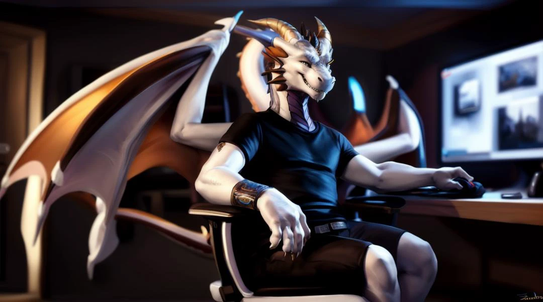 ((dragon)),
(solo:1.1),
looking at viewer,
male,
(adult),
wings attached to back,
smile,
teeth showing,
two horns,
tail
gaming,
pc setup,
sitting on chair,
gaming chair,
gaming room,
thigh-highs,
dressed,
t-shirt,
(detailed) background,
white scales,
white body,
golden horns,
golden claws,
golden fangs,
8k resolution, high detail, detailed drawing,
inspired by chunie,
inspired by thesecretcave,
inspired by drakaar,
inspired by xubuntu,
inspired by personalami,
inspired by franubis