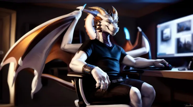 ((dragon)),
(solo:1.1),
looking at viewer,
male,
(adult),
wings attached to back,
smile,
teeth showing,
two horns,
tail
gaming,
pc setup,
sitting on chair,
gaming chair,
gaming room,
thigh-highs,
dressed,
t-shirt,
(detailed) background,
white scales,
white body,
golden horns,
golden claws,
golden fangs,
8k resolution, high detail, detailed drawing,
inspired by chunie,
inspired by thesecretcave,
inspired by drakaar,
inspired by xubuntu,
inspired by personalami,
inspired by franubis