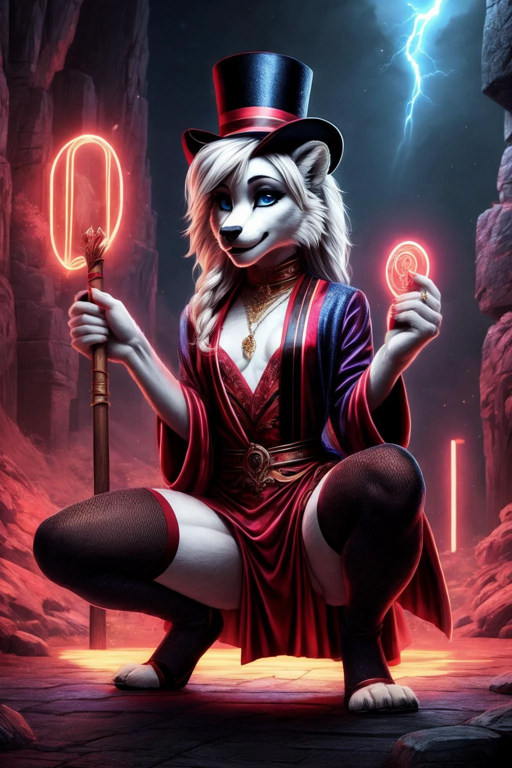 ((art by Yasushi Nirasawa )) NinaPersson as ((small breasts, young girl , slender body, )) , Towering above most humans, Zephyra stands proudly with deep blue-black skin, snow-white hair pulled up into elaborate braids, and electric blue eyes hinting at her affinity towards lightning magic. Clothed in robes of shimmering azure fabric lined with gold trimming, she carries a staff imbued with raw energy capable of summoning thunderstorms and bolts of electricity. Intricate tattoos snake across her exposed limbs, representing mastery over wind and storm elementals. , she wear The Cabaret Couture: A tailored jacket with tails, paired with high-waisted shorts, fishnet stockings, and a top hat, embodying classic cabaret style , she Crouch and Ready: Squatting down, hands on the ground, ready to launch into action. and she is Sensual, A deep, intense gaze, a slow, deliberate smile, and a relaxed posture , perfect body proportions, realistic skin details BREAK, ultrasharp, ultradetailed, perfect quality, masterpiece, intricated details, ultra clear, <lora:add_detail:0.7>, <hypernet:sxzBloom_sxzBloom:0.3>, detailed skin perfectly detailed face, sharp face, cave in background
<lora:redneon-style-richy-v1:0.68> red neon lights