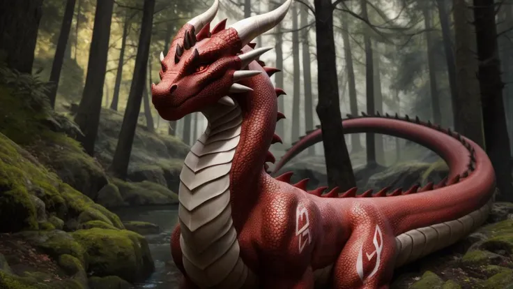 ((tiesci)) character,
white body,
red markings,
dragon like,
looking at viewer,
solo,
forest,
(markings),
high res, 8k resolution, high detail, photograph