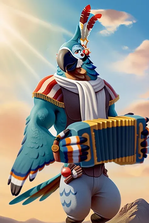 kass (tloz), simple background, looking at viewer, pants, scarf, smile, full body, avian, <lora:X1-Kass:1>
mountain top, swirling clouds, sunrays, holding accordion,