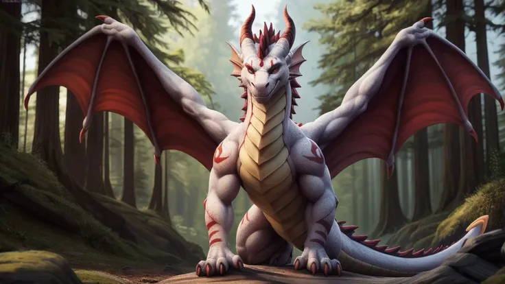 ((tiesci)) character,
furry,
white body,
red markings,
detailed eyes,
dragon like,
looking at viewer,
real proportions,
full body,
solo,
forest,
by thesecretcave,
by drakaar
high res, 8k resolution, high detail, photograph