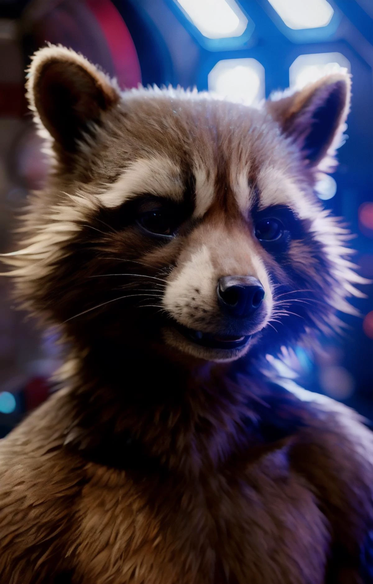 rocket raccoon, detailed fur, detailed background, spaceship interior background, rim lighting, bokeh, bloom, (upper body portrait:1.3), athletic body, looking at viewer, detailed_background, (photorealism:0.8), detailed fur, subsurface scattering, real life, hyperrealistic, photo, 8k, highly detailed, (naked:1.3), (loving expression:1.3), mouth closed, <lora:Rocket Raccoon purrfectmerge:0.8>