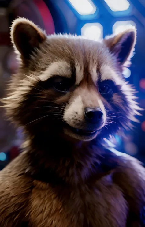 rocket raccoon, detailed fur, detailed background, spaceship interior background, rim lighting, bokeh, bloom, (upper body portrait:1.3), athletic body, looking at viewer, detailed_background, (photorealism:0.8), detailed fur, subsurface scattering, real life, hyperrealistic, photo, 8k, highly detailed, (naked:1.3), (loving expression:1.3), mouth closed, <lora:Rocket Raccoon purrfectmerge:0.8>
