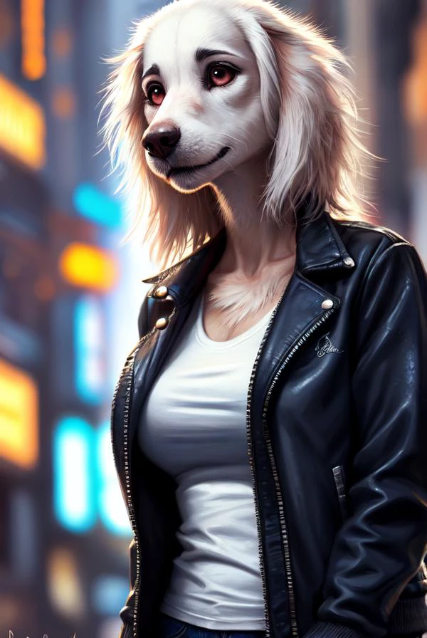 (by pixelsketcher:0.6), (by personalami :0.6), solo, female, cyberpunk, borzoi, canine, detailed background, (cinematic lighting:1.1), (perfect focus:1.1),
8k hd, photo, (detailed eyes:1.2),depth of field, bokeh, subsurface scattering, perfect breasts, jacket, wide angle,(top, shirt, :1.3), bright colors, (furry detail:1.3),white fur,