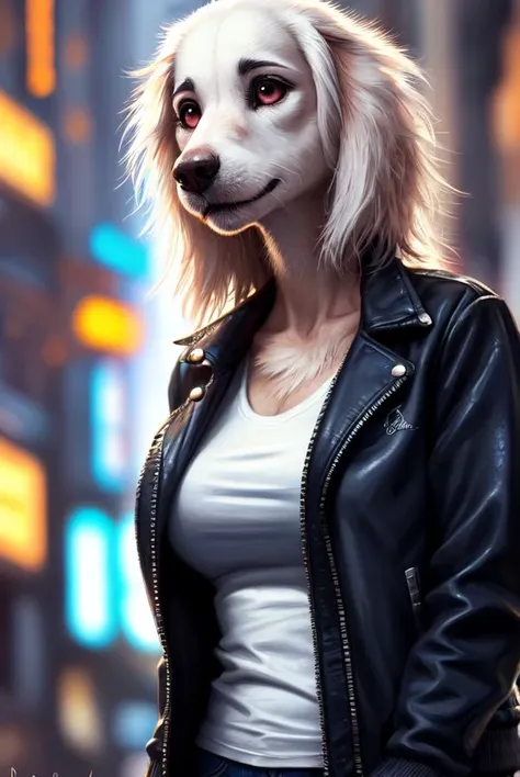 (by pixelsketcher:0.6), (by personalami :0.6), solo, female, cyberpunk, borzoi, canine,  detailed background, (cinematic lighting:1.1), (perfect focus:1.1),
8k hd, photo, (detailed eyes:1.2),depth of field, bokeh, subsurface scattering, perfect breasts, jacket, wide angle,(top, shirt, :1.3), bright colors, (furry detail:1.3),white fur,