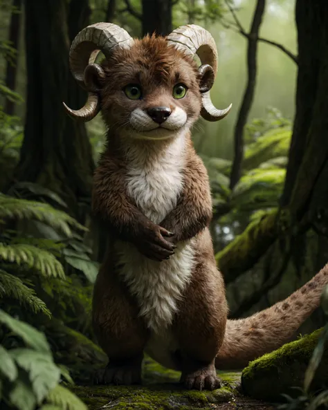 in the style of alsares,
male anthro cute lutrine otter with (curled ram horns:1.2) and detailed fur standing in forest with dense vegetation, tall grass, demon hybrid, chibi, adorable,
tail, detailed green eyes, hands_on_body,,
detailed_background, (photorealism:0.6), detailed fur, subsurface scattering, real life, depth of field,