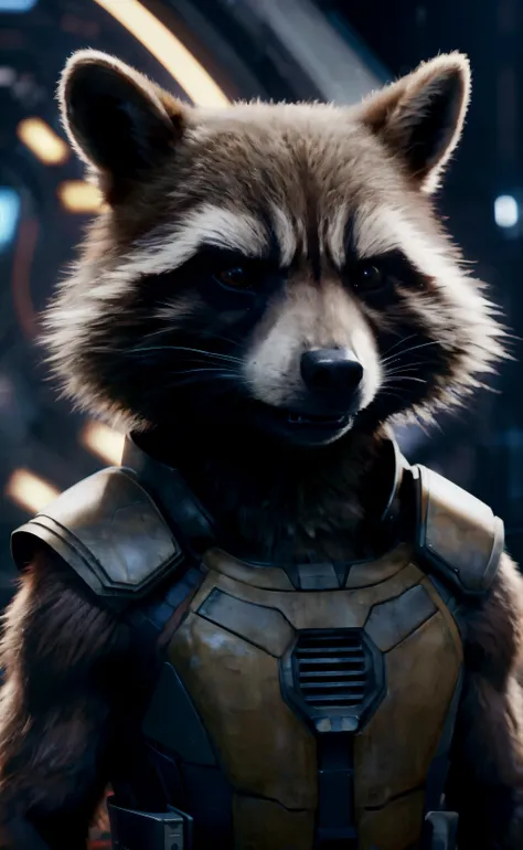 rocket raccoon, still from Guardians of the Galaxy, portrait, hyperrealistic, photo, 8k, highly detailed <lora:Rocket Raccoon purrfectmerge:0.5>