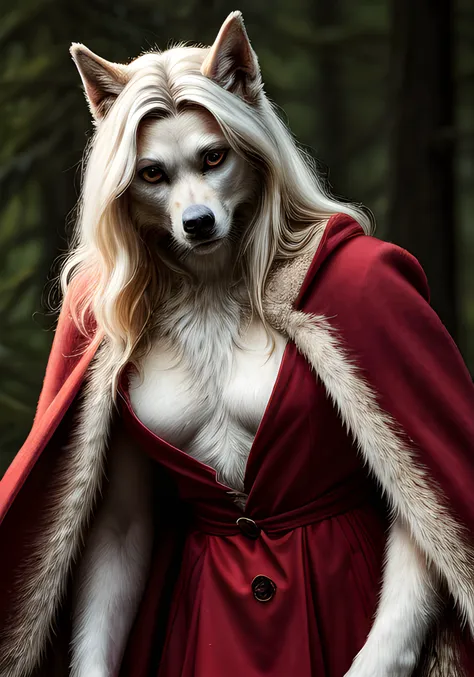 (Highest Quality, 4k, masterpiece, Amazing Details:1.1), {LOCATION}, Shallow Depth of Field, E671, lens 50mm f/2.0, ((werewolf female)), thin eyebrows, long hair ,(realistic fur, white fur over body, detailed fur texture:1.2) red cloth coat