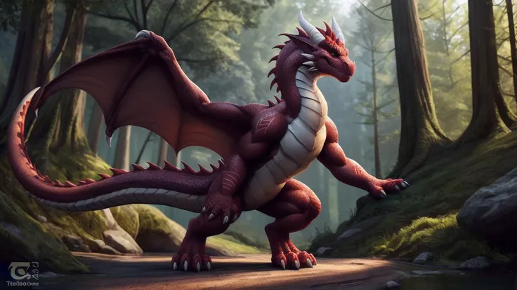 ((tiesci)) character,
furry,
white body,
red markings,
detailed eyes,
dragon like,
looking at viewer,
real proportions,
full body,
solo,
forest,
by thesecretcave,
by drakaar
high res, 8k resolution, high detail, photograph