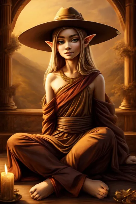 ((art by Erin Hanson )) skaijackson as ((small breasts, young girl , slender body, )) Seraphina Blackthorn, Blood Elf, She is a Monk, Slender yet strong, Seraphina embodies elegance with her arched brows, refined facial structure, and long chestnut waves falling gently onto her shoulders. Donning traditional blood elf monastic attire - loose pants, sash belts, and bare feet â she exudes discipline and focus. Two curved sais strapped horizontally behind her lower back signify proficiency in close quarters combat. , she wear black jumpsuit, wide-brimmed hat, and ankle boots , she Sitting with poise, shoulders back and head held high, she exudes authority and grace, a true vision of royalty and she is Curious, Chin tilted up slightly, eyes wide open, and a slight smile , perfect body proportions, realistic skin details BREAK, ultrasharp, ultradetailed, perfect quality, masterpiece, intricated details, ultra clear, <lora:add_detail:0.7>, <hypernet:sxzBloom_sxzBloom:0.3>, detailed skin perfectly detailed face, sharp face, treasures in background
<lora:hydro-gold-style-darquelilly-v1:0.75> hydrogoldstyle