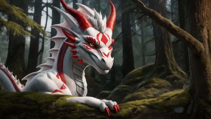 ((tiesci)) character,
white body,
red markings,
dragon like,
looking at viewer,
solo,
forest,
(markings),
high res, 8k resolution, high detail, photograph