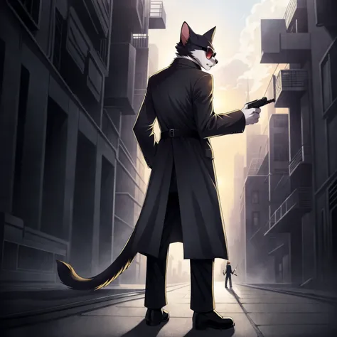 anime, 1cat hitman, ((single)), (anthro:1.5), old trenchcoat, sun glasses, cool, dystopian city, full body