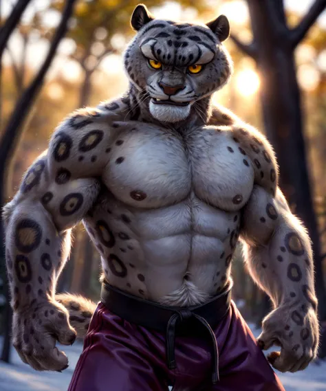 uploaded on e621, (by Kenket:0.4),(by Arthur Lismer:0.6), (by chunie:0.3), solo, male, anthro snow leopard, <lora:LoraTaiLungBY_tailung:1> tai lung \(kung fu panda\), (fluffy:1.3), furry, buff, muscles, fullbody, lush forrest, karate, detailed background, (cinematic lighting:1.2), purple pants, perfect focus,
8k hd, photo, (realistic fur:1.1), (extreme fur detail:1.2), professional photoshoot, front view, (detailed pixar yellow eyes:1.2), real life, <lora:add_detail:0.3>, animated movie, depth of field, bokeh, sunset, sunbeam,