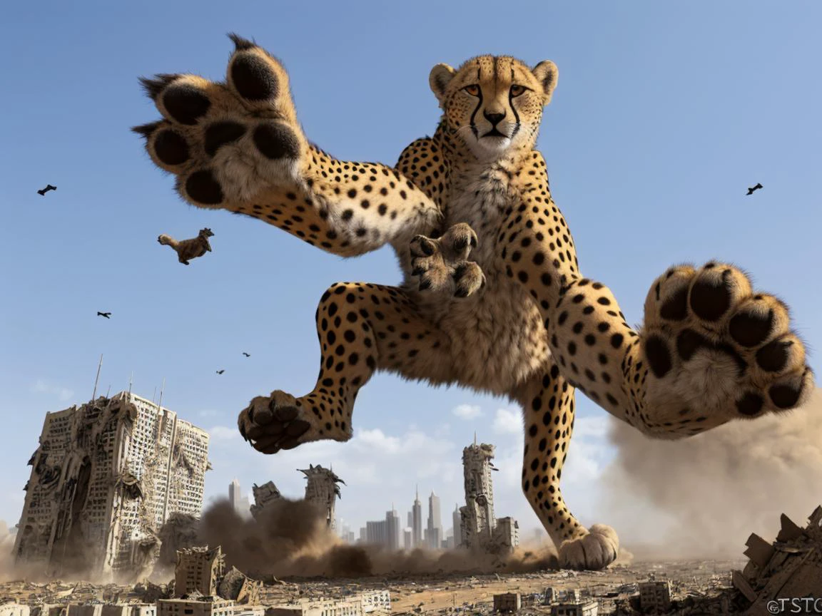 huge cheetah is a giant macro demolishing buildings under paws, (worm's-eye view, low-angle view, :1.1)
(GTSCity:1.3), (feral:1.35), landscape dwarfing,
(pantherine:1.2),
pawpads, 4 toes, muscular, huge limbs, powerful, digitigrade,
rising dust, debris, (detailed fur, tuft, fluffy, fluff, )
detailed background, rampage,
photorealistic <lora:EdobCheetah_v1.0:0.7> <lora:GTSv5:0.7>