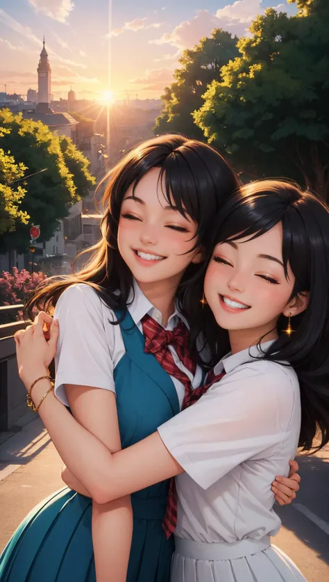 masterpiece, best quality, intricate detail, 2girls, nature, sunset, golden hour, warm glow, vaporwave, neon, 80s, hand on another's shoulder, school uniform, laughing, half-closed eyes,  <lora:emotion_happy_slider_v1:1.8>