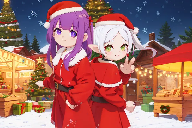 masterpiece, ultra detailed background, best quality, highres, studio lighting,
(two girls standing back to back),
long hair, purple hair, sidelocks, purple eyes, medium breasts, empty handed,
<lora:Fern001:0.5>, Fern,
long hair, white hair, (parted bangs:1.2), twintails, green eyes, pointy ears, earrings, stubby eyebrows, (red dress, red hat), (red caplet:1.2),
<lora:Frieren002:0.5>, Frieren,
stylish pose, cowboy shot, expressionless, smile, hat,
outdoors, huge Christmas tree, high Christmas tree, snow, snow land, snowing, snowflake,
(face to viewer, looking at viewer:1.2),
<lora:detail_slider_v4:2>,
<lora:more_details:0.2>,
<lora:GoodHands-vanilla:1>,
<lora:emotion_happy_slider_v1:3>,
<lora:christmas_dress_style2_v1:0.2>, cyb dress, long sleeves, print dress,