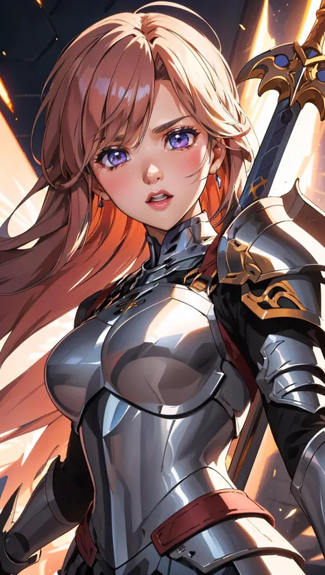 an illustration of a female paladin adorned in holy armor, wielding a sacred sword, furrowed brow, light smile, 
masterpiece, best quality, intricate detail, high background detail, high contrast,   <lora:emotion_angry_slider_v1:1> anime screencap,