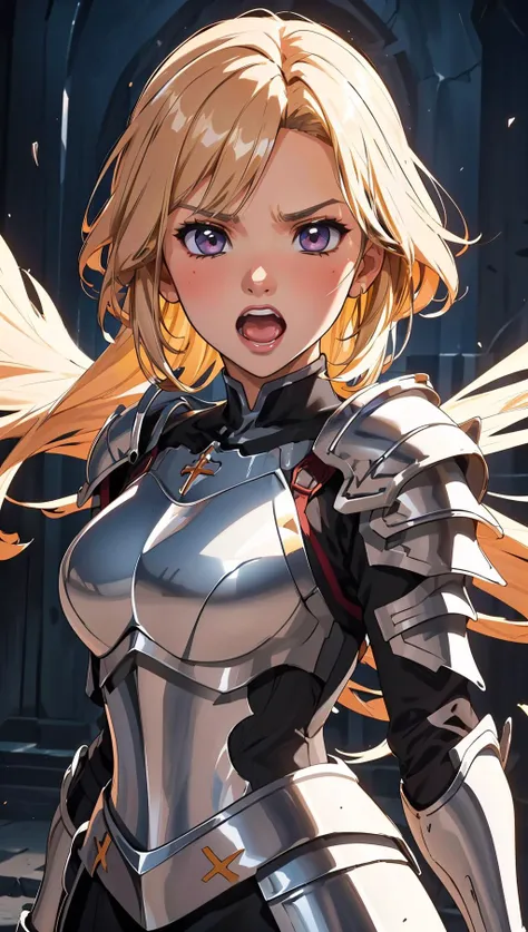 an illustration of a female paladin adorned in holy armor, wielding a sacred sword, furrowed brow, open mouth, clenched teeth, 
masterpiece, best quality, intricate detail, high background detail, high contrast,   <lora:emotion_angry_slider_v1:1> anime screencap,