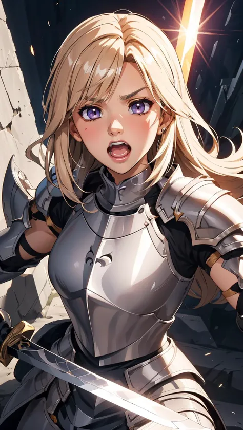 an illustration of a female paladin adorned in holy armor, wielding a sacred sword, furrowed brow, open mouth, clenched teeth, 
masterpiece, best quality, intricate detail, high background detail, high contrast,   <lora:emotion_angry_slider_v1:1> anime screencap,