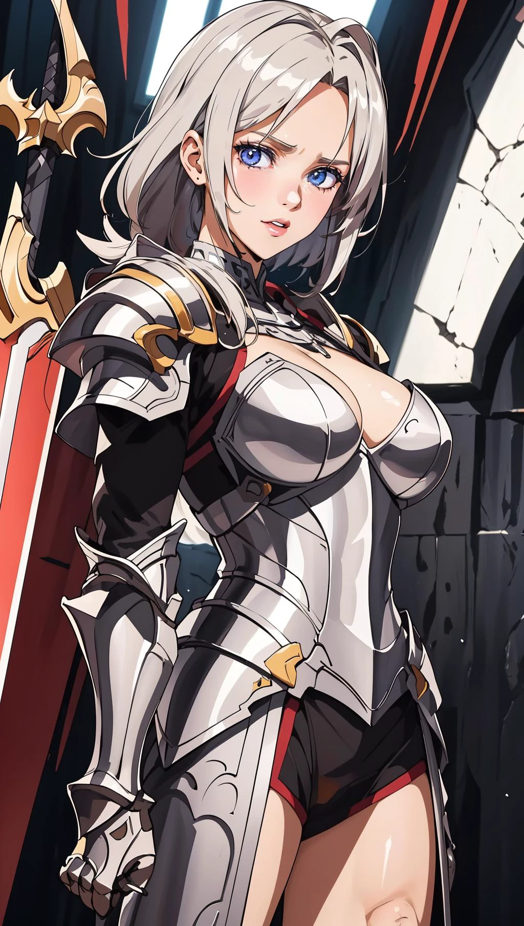 an illustration of a female paladin adorned in holy armor, wielding a sacred sword, furrowed brow,
masterpiece, best quality, intricate detail, high background detail, high contrast, <lora:emotion_angry_slider_v1:1> anime screencap,